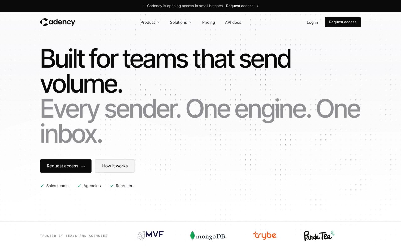 Cadency homepage with the headline Built for teams that send volume, every sender, one engine, one inbox