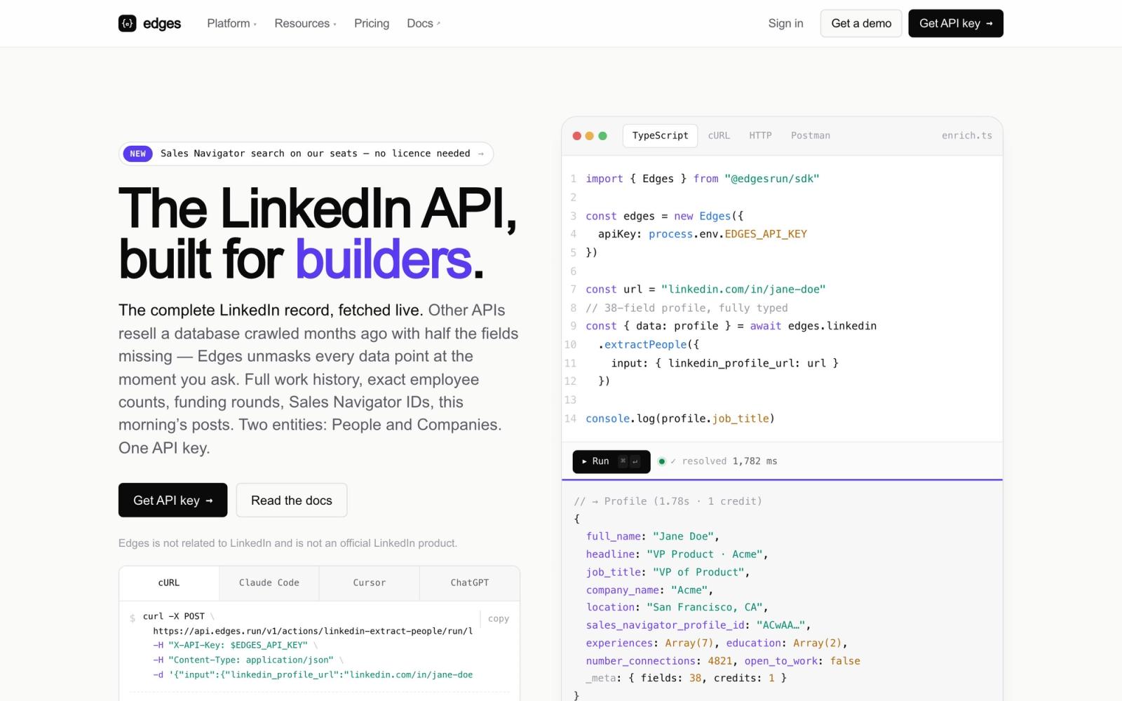 Edges homepage: the LinkedIn API built for builders, with live TypeScript example
