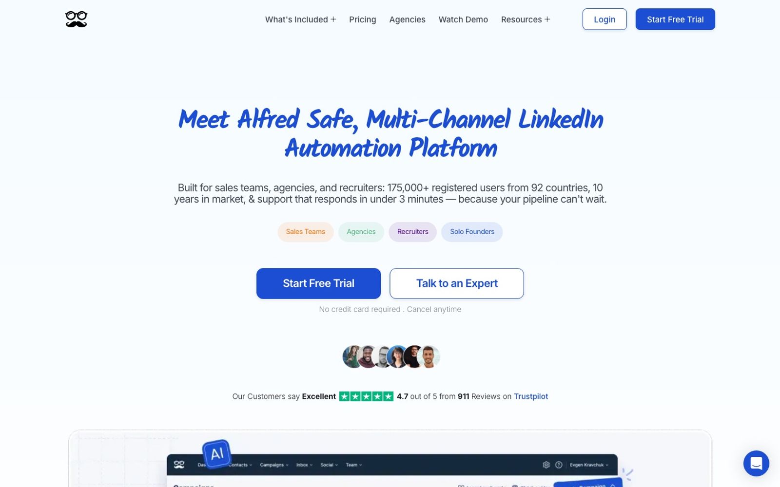 MeetAlfred homepage presenting its multichannel LinkedIn automation tool