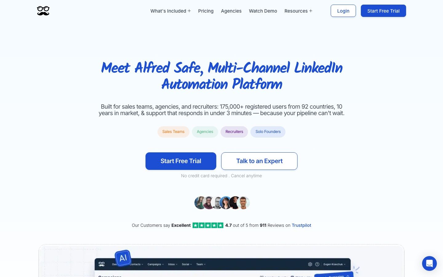MeetAlfred homepage presenting its multichannel LinkedIn automation tool