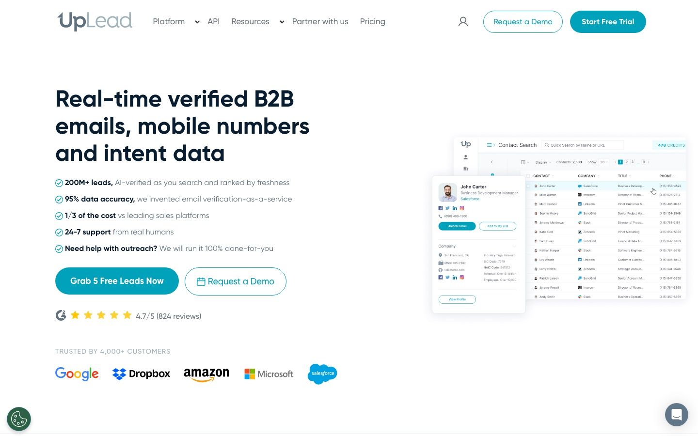 UpLead homepage presenting its B2B contact database with verified emails