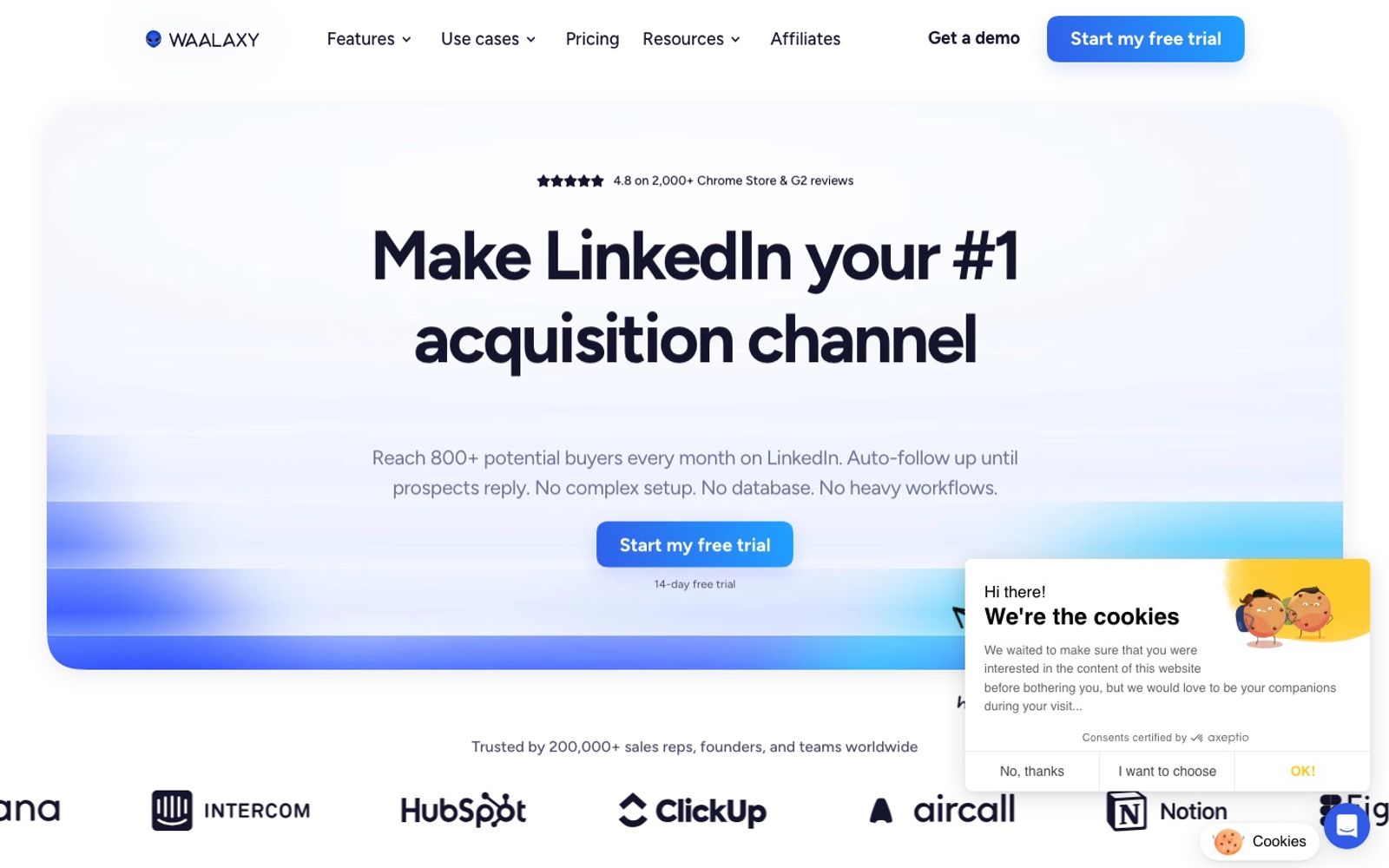 Waalaxy homepage presenting its LinkedIn prospecting tool