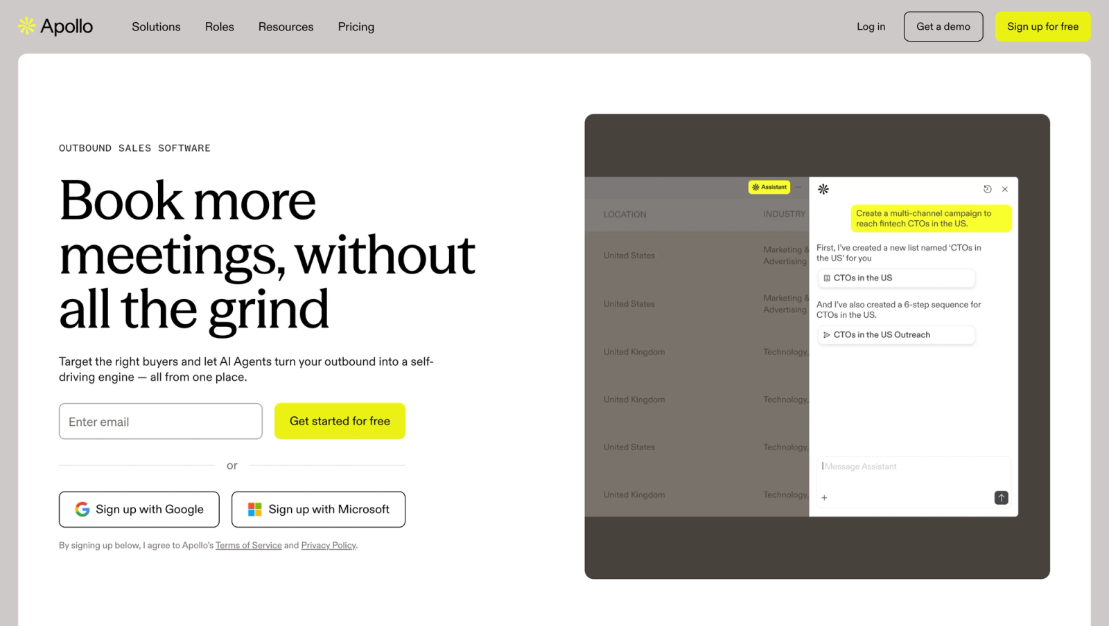 Apollo.io homepage presenting its go-to-market platform with a contact database and sequencing