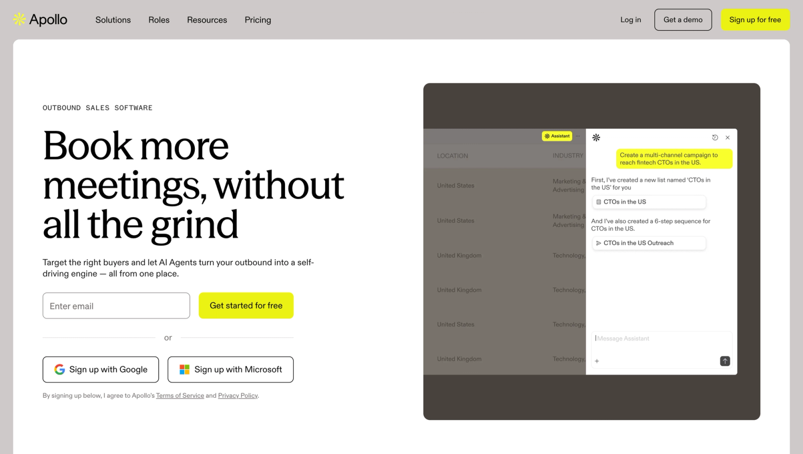 Apollo.io homepage presenting its go-to-market platform with a contact database and sequencing