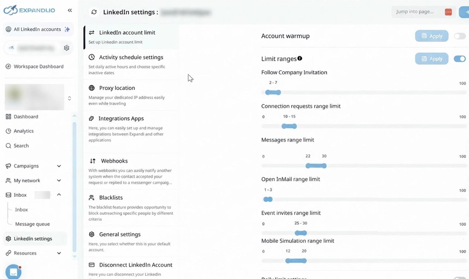Expandi account limits screen with range sliders for connection requests, messages, Open InMail and event invites, plus an account warmup toggle