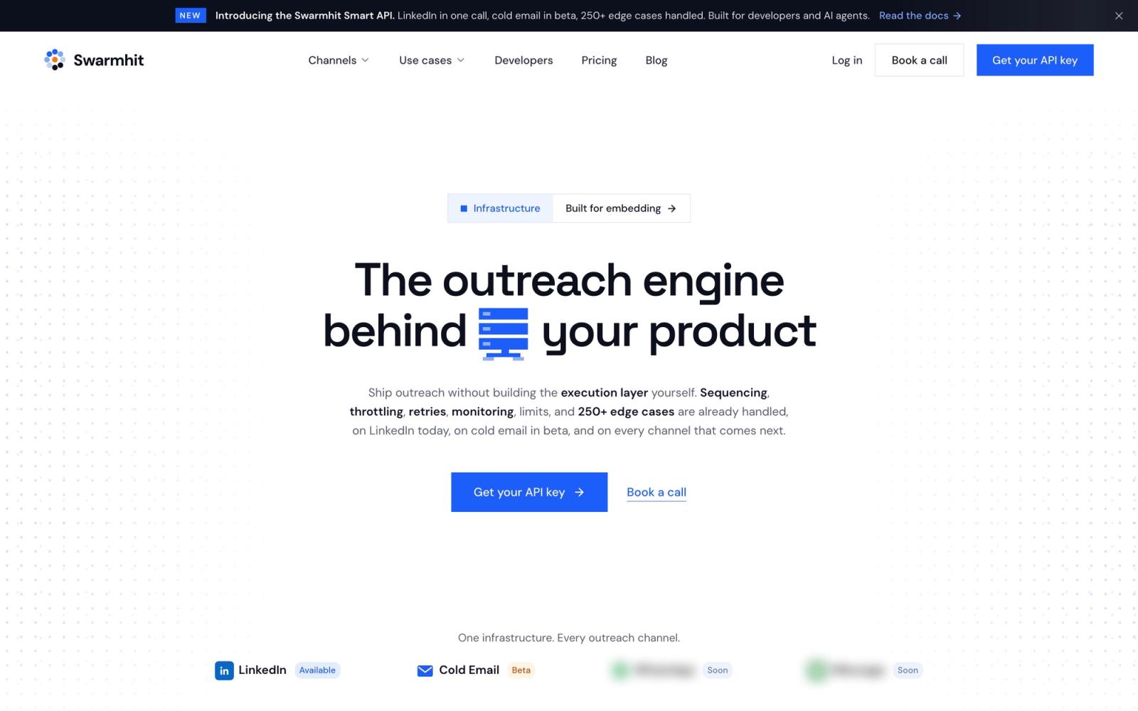 Swarmhit homepage: the Smart API, the outreach engine behind your product