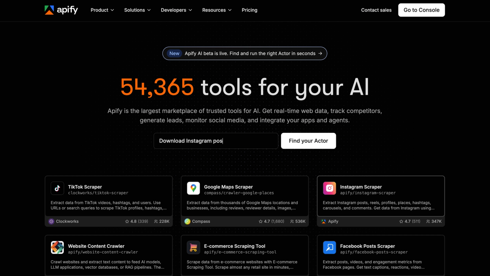 Apify homepage: marketplace of scraping and automation tools for AI