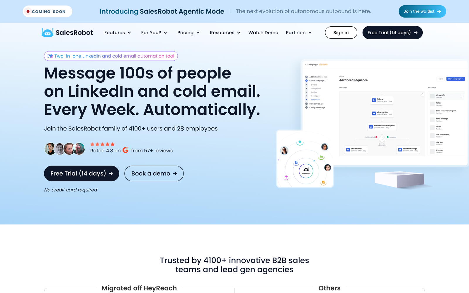 SalesRobot homepage: two-in-one LinkedIn and cold email automation with an advanced sequence builder