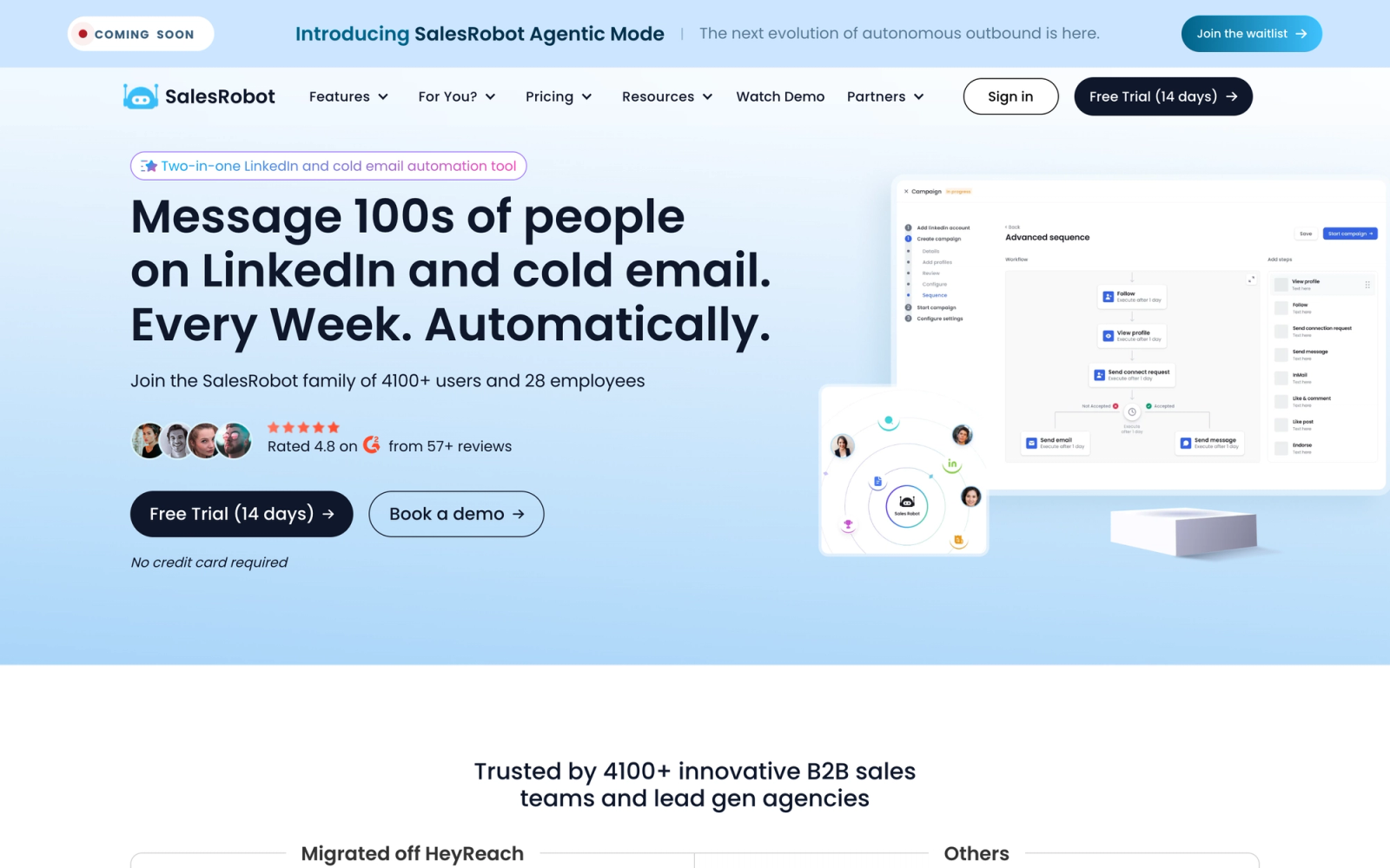 SalesRobot homepage: two-in-one LinkedIn and cold email automation with an advanced sequence builder