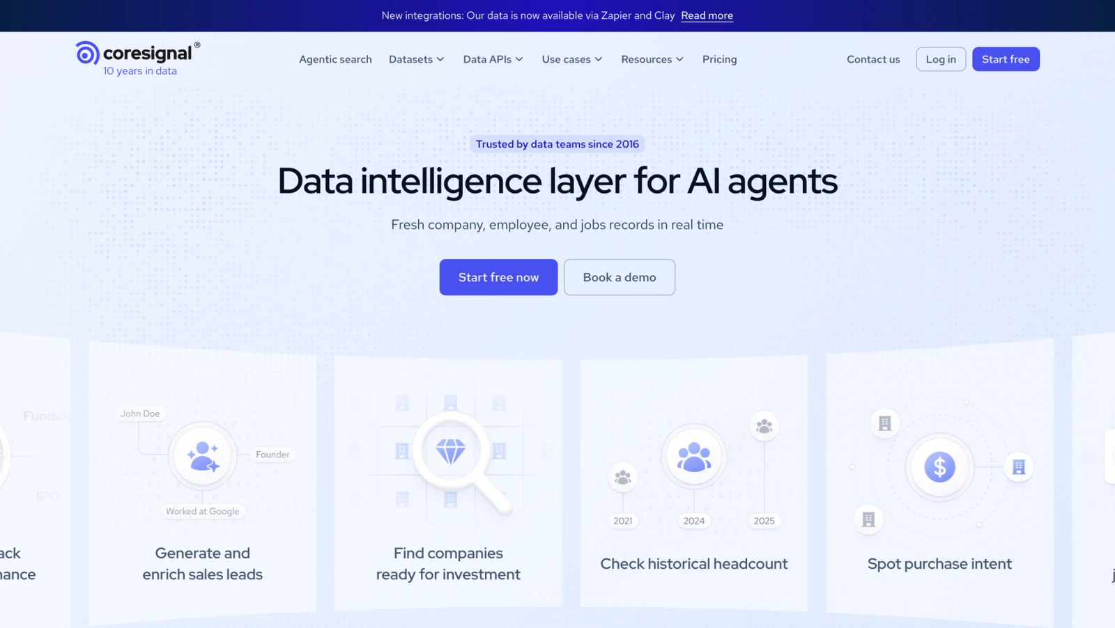 Coresignal homepage presenting its B2B data APIs and datasets