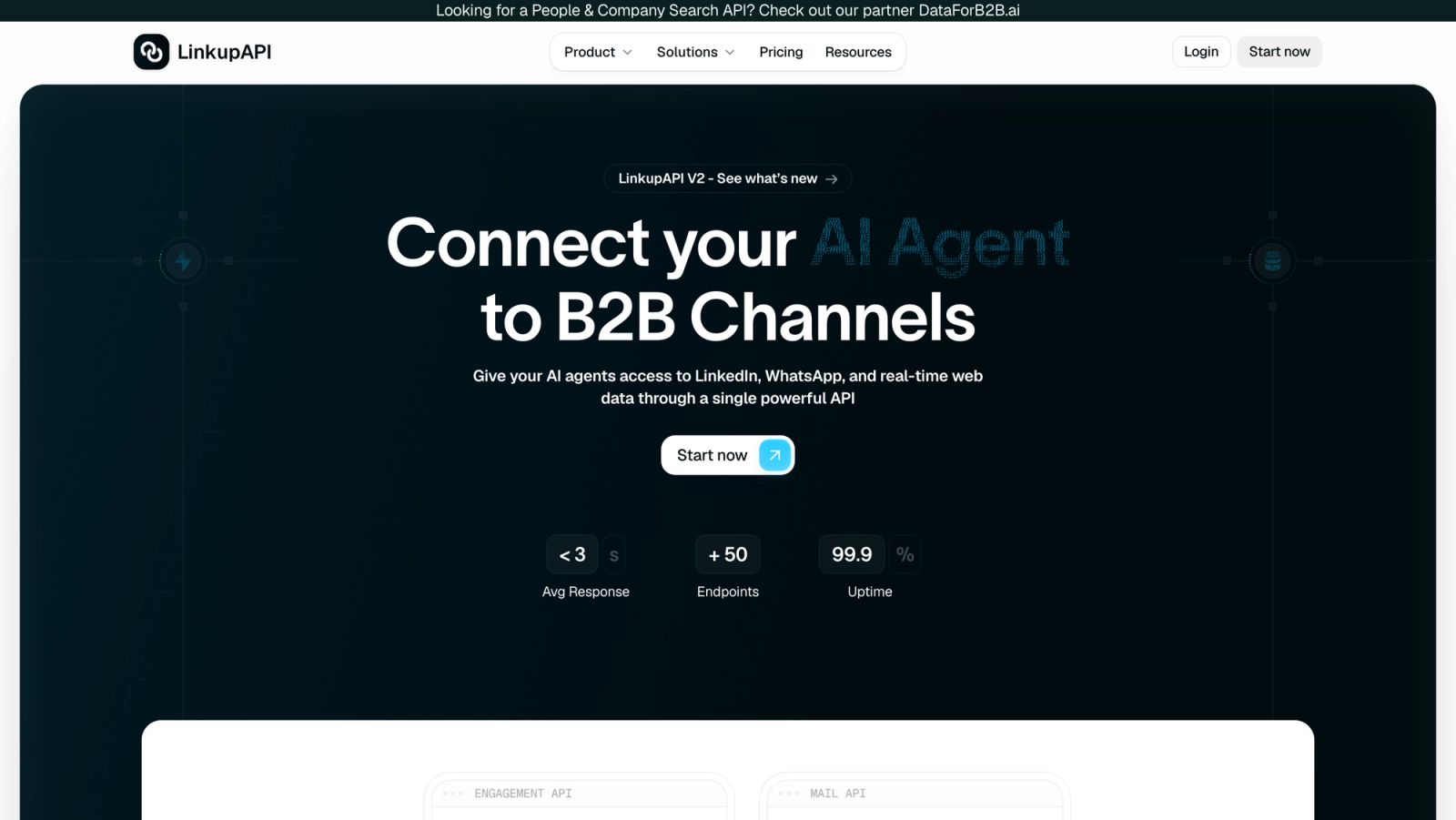 LinkupAPI homepage presenting its API for connecting AI agents to LinkedIn, WhatsApp, and web data