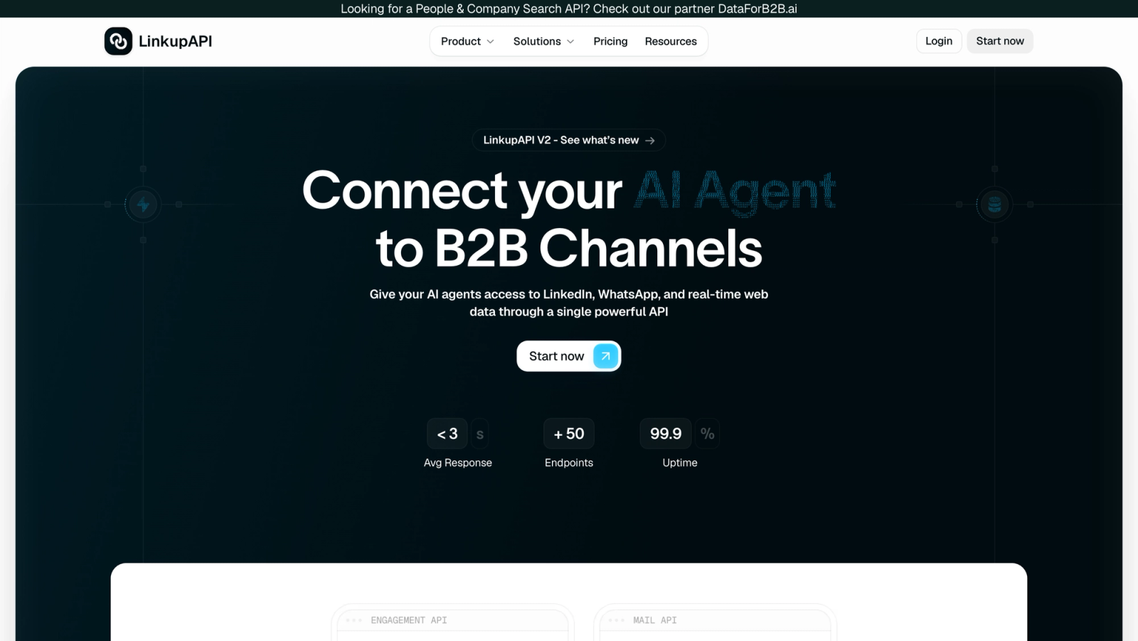LinkupAPI homepage presenting its API for connecting AI agents to LinkedIn, WhatsApp, and web data