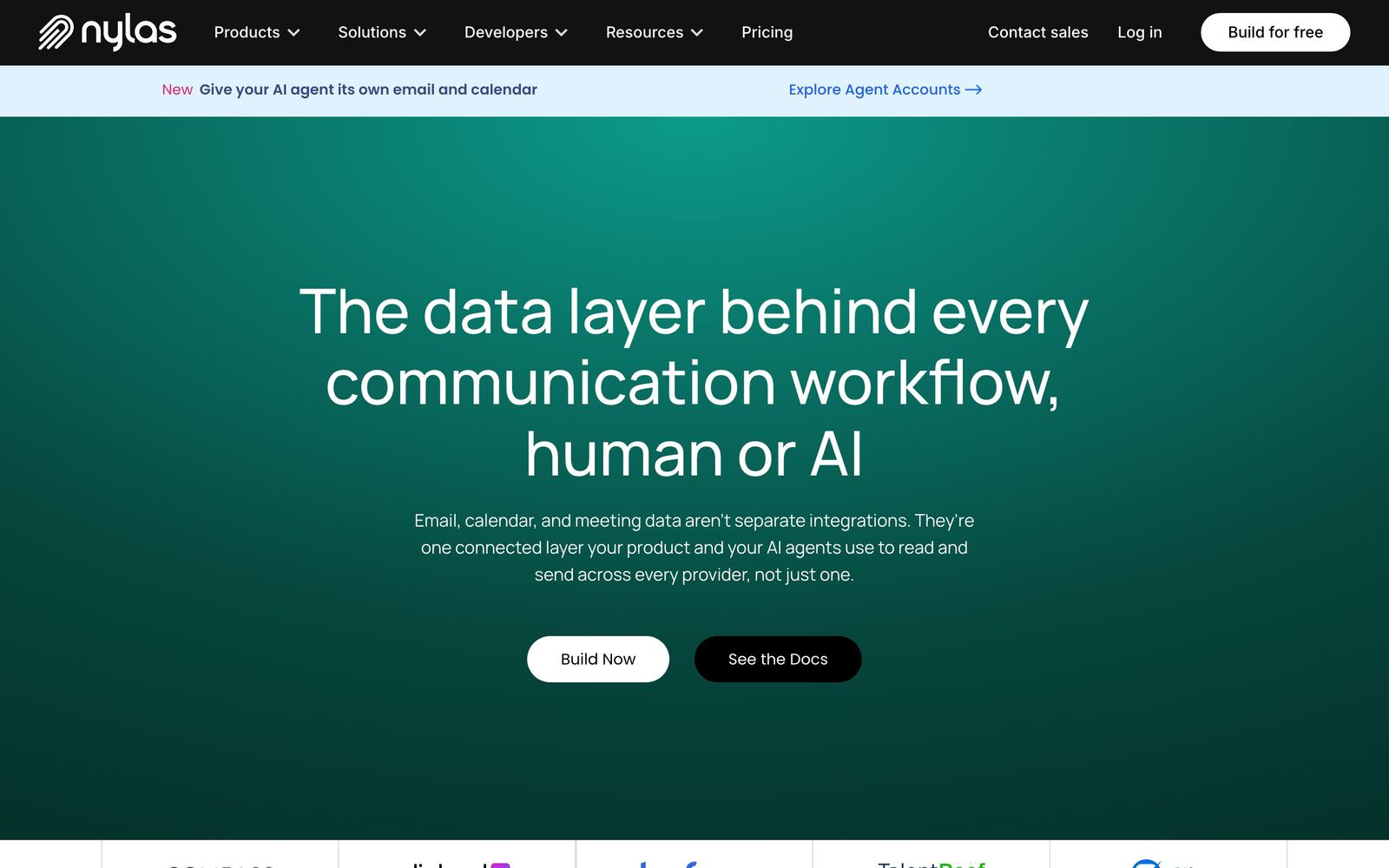 Nylas homepage showing the unified email, calendar and AI agent API product line
