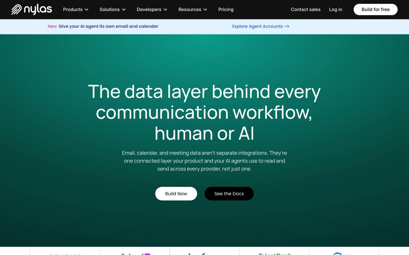 Nylas homepage showing the unified email, calendar and AI agent API product line