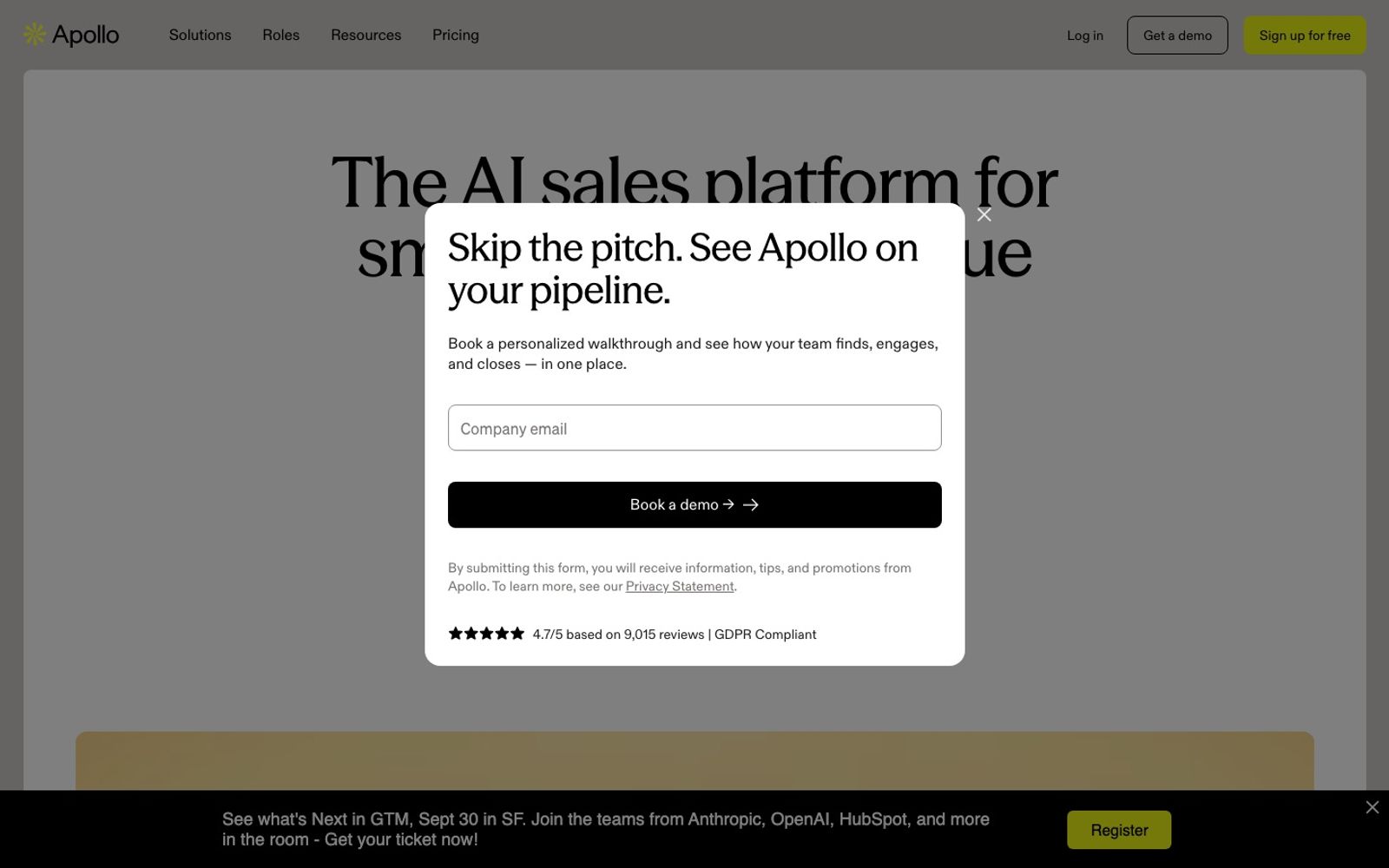 Apollo.io homepage presenting its go-to-market platform with contact database and sequencing