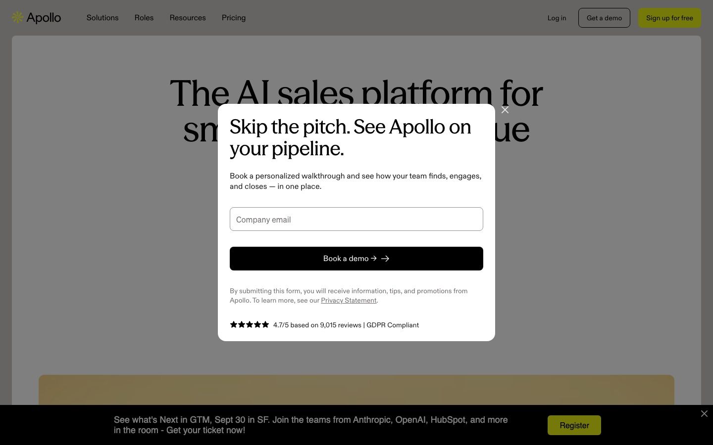 Apollo.io homepage presenting its go-to-market platform with contact database and sequencing