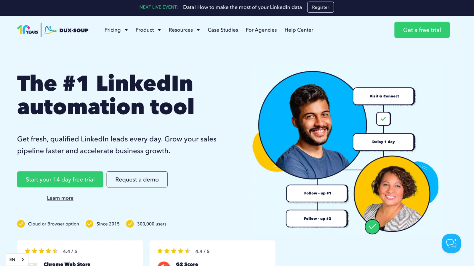 Dux-Soup homepage presenting its LinkedIn automation tool