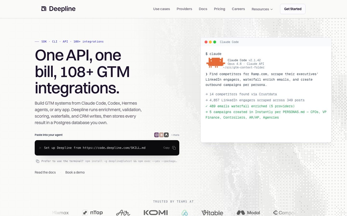 Deepline homepage: one API, one bill, 108+ GTM integrations with Claude Code support