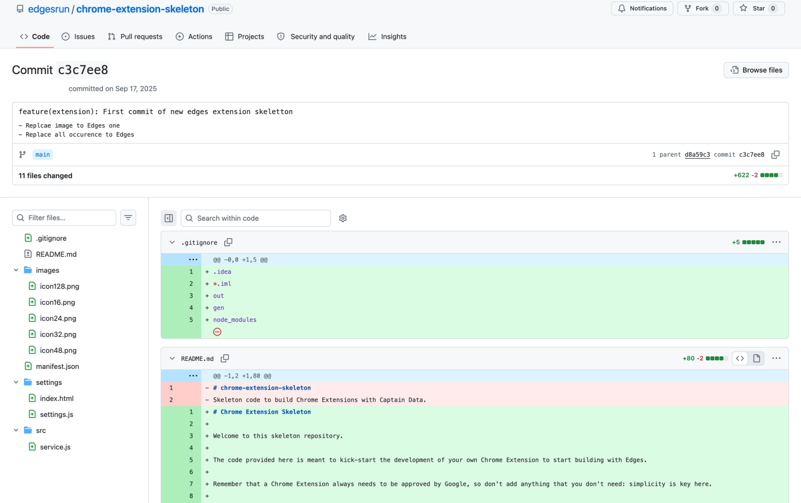 GitHub commit in the Edges repository replacing the Captain Data name with Edges throughout the Chrome extension skeleton README