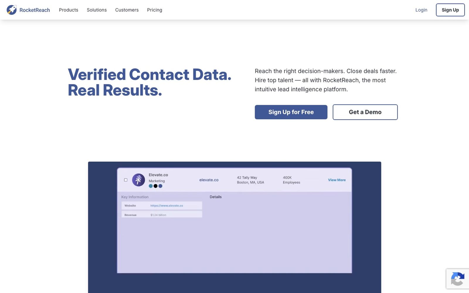 RocketReach homepage presenting its contact and email lookup platform