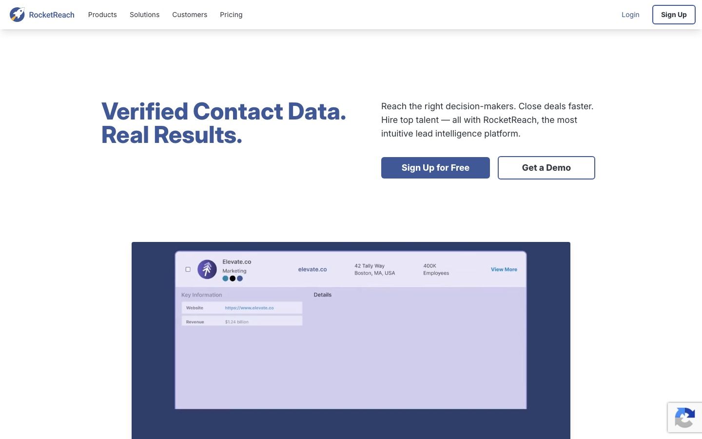 RocketReach homepage presenting its contact and email lookup platform