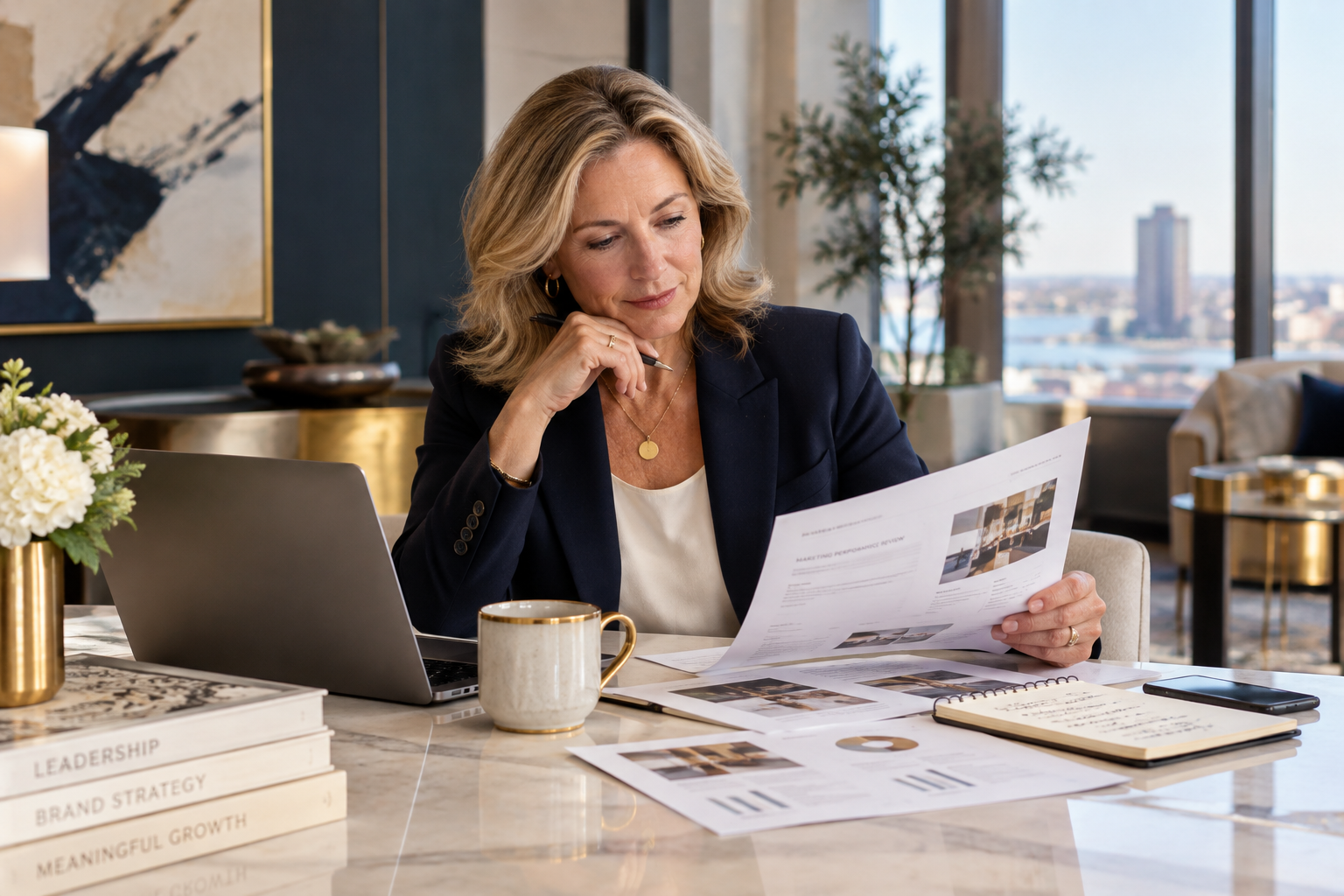 Business owner reviewing marketing performance reports and notes before deciding whether to switch agencies.