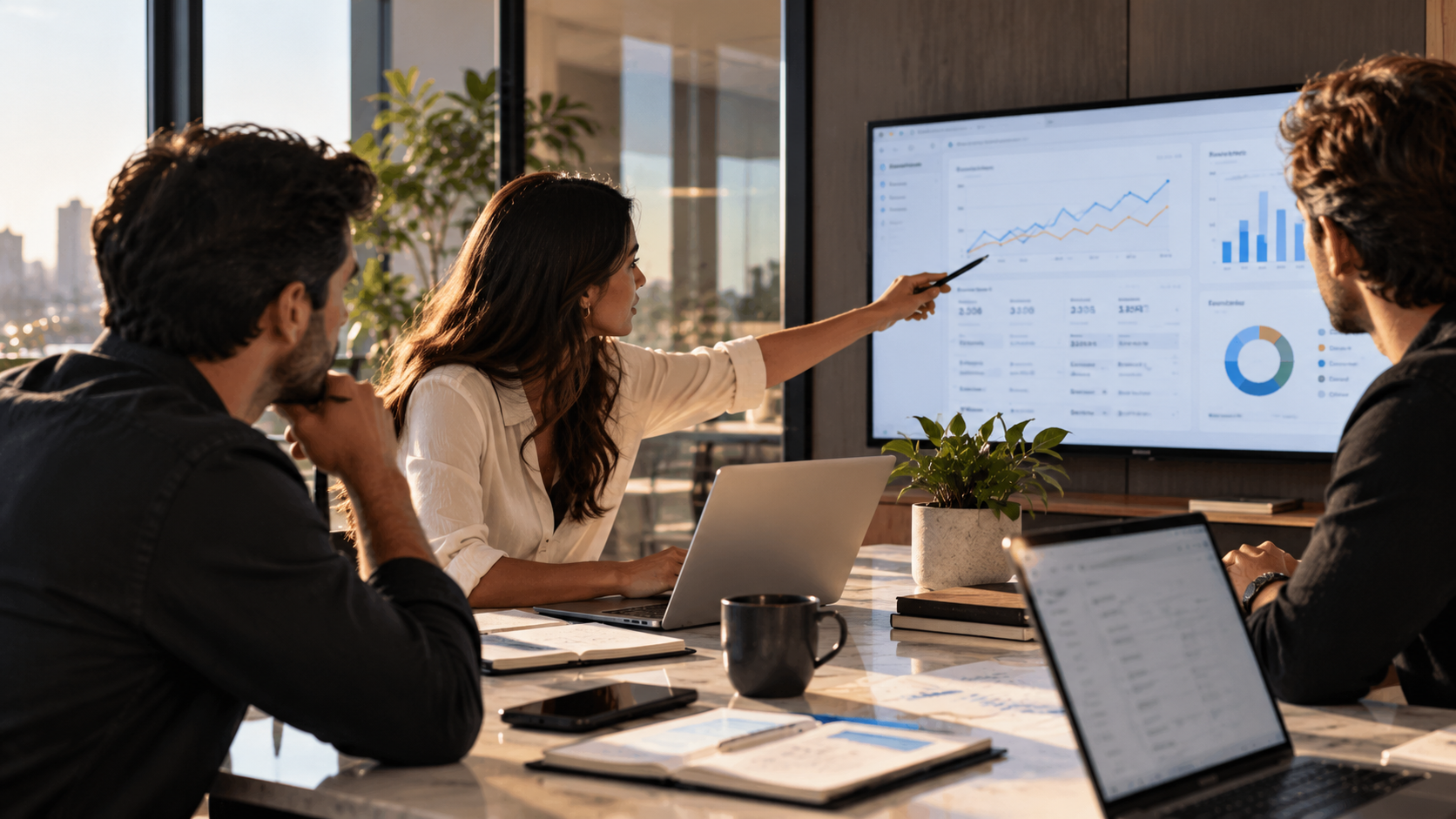 Marketing team reviewing campaign performance together during a strategy meeting.