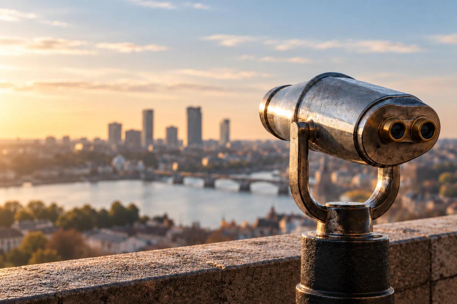 Brass viewing telescope on a terrace overlooking a city skyline at sunrise