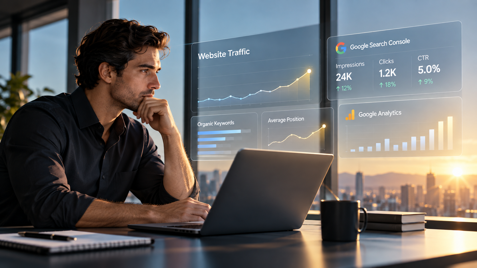 Laptop displaying website traffic and search performance metrics, including clicks, impressions, average position and CTR.