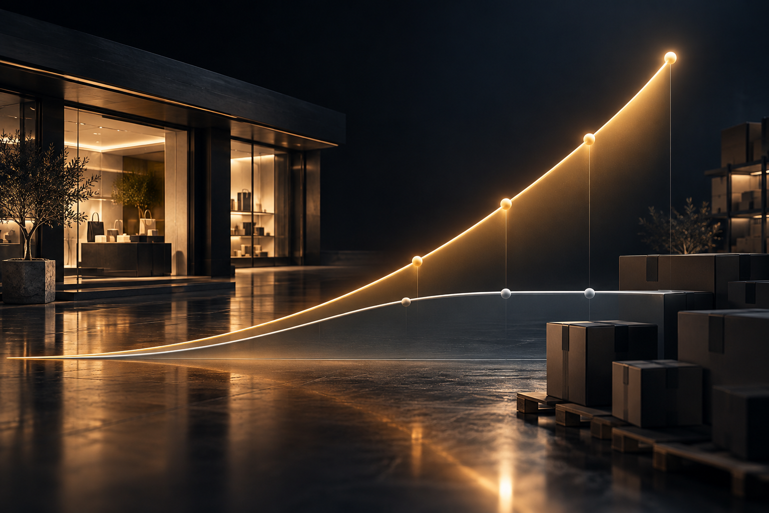 Abstract visualization of rising advertising efficiency while business revenue remains flat.