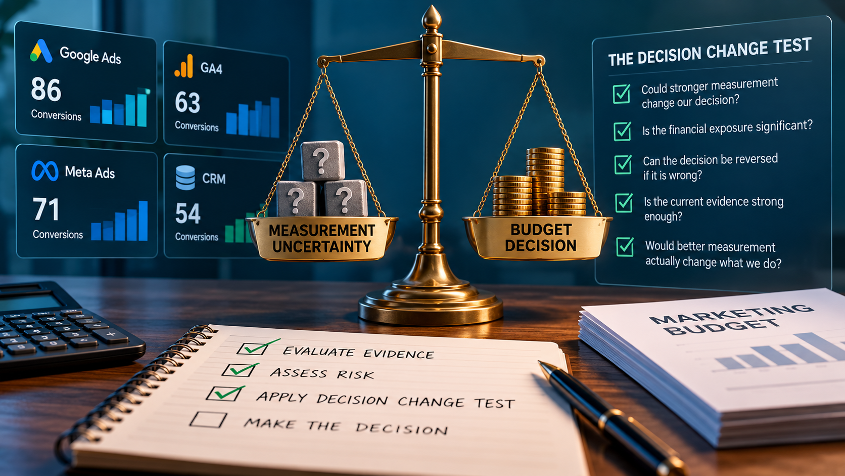 Golden balance scale comparing measurement uncertainty with a marketing budget decision, surrounded by analytics dashboards and decision-making notes.