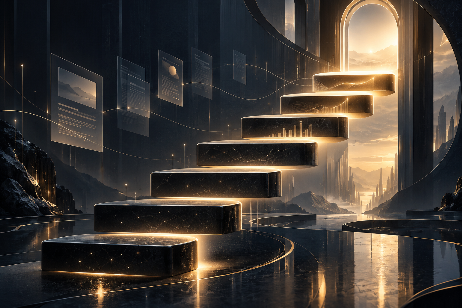 Stepped golden platforms rising through a dark, futuristic architectural space toward a glowing archway, with floating data panels and warm light suggesting progress, visibility, and growth.