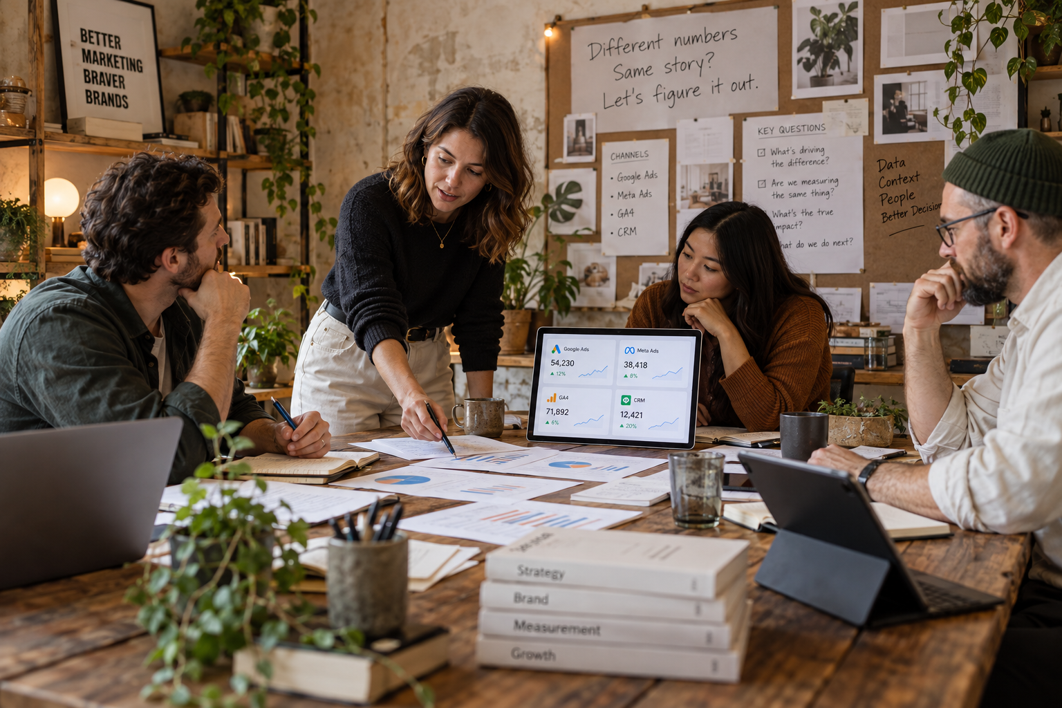 Marketing team reviewing Google Ads, Meta, GA4 and CRM performance data together in a creative studio.