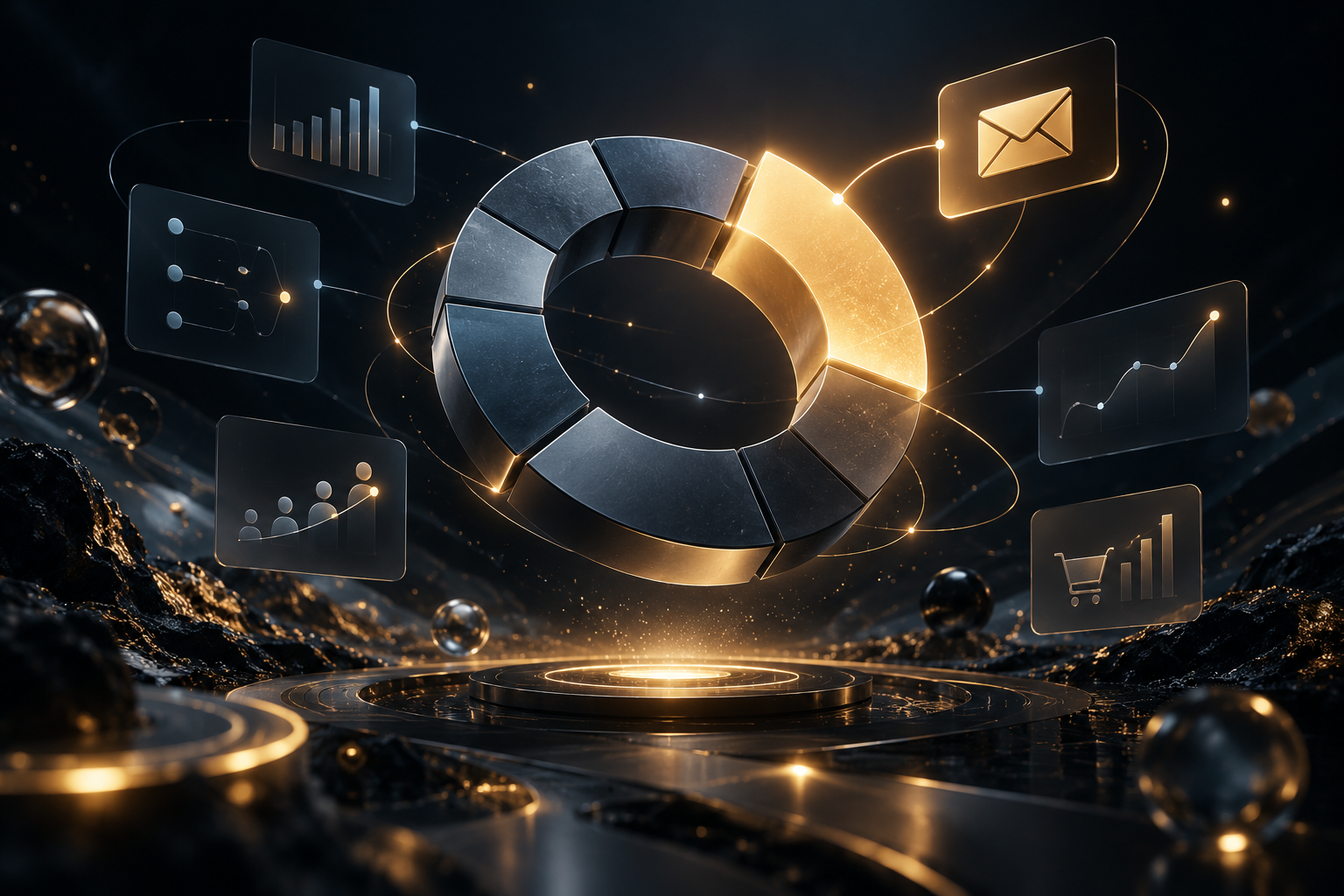 Abstract golden-and-midnight analytics scene with a glowing segmented circular chart surrounded by floating data panels, representing email revenue attribution and marketing decision-making.