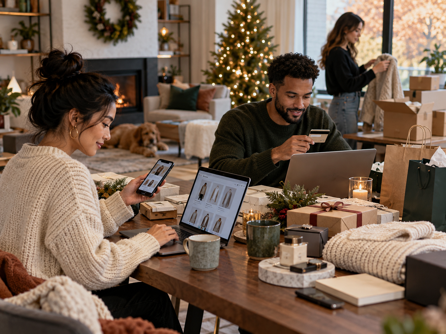 People shopping online and packing holiday gifts in a cozy home setting, with laptops, phones, wrapped presents, and festive decor suggesting Black Friday and Cyber Monday preparation.