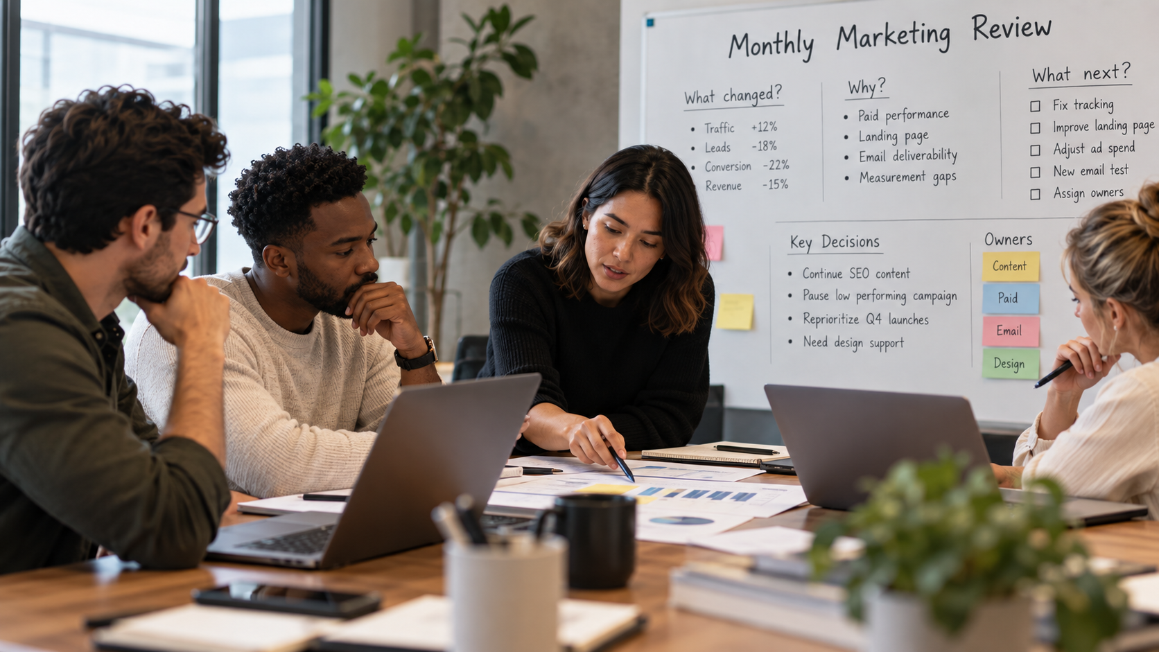 In-house marketing team reviewing monthly performance, priorities, owners and next steps together.