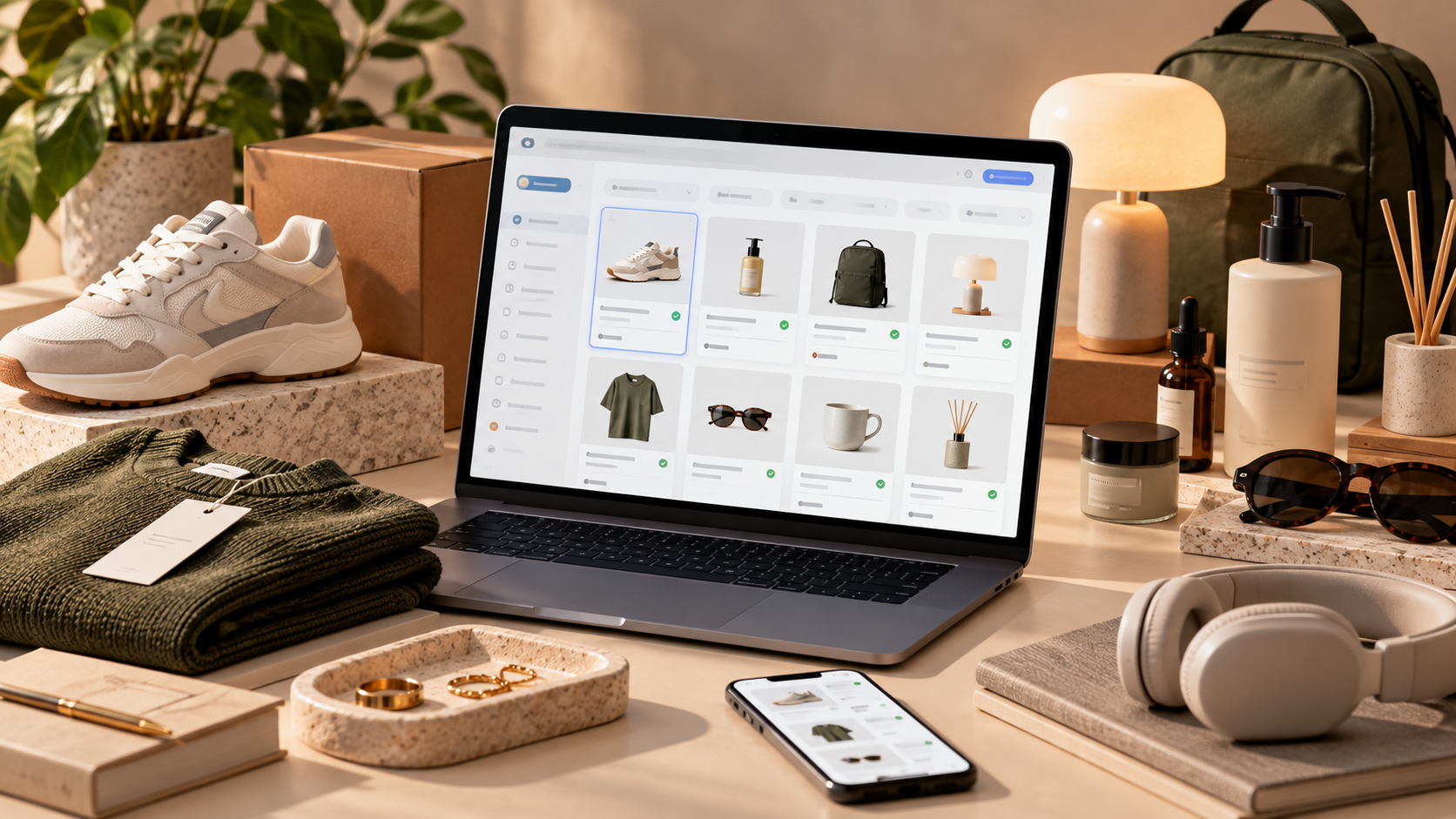 Ecommerce product catalog being reviewed for Google Merchant Center optimization, with product listings, imagery and approval status visible on screen.