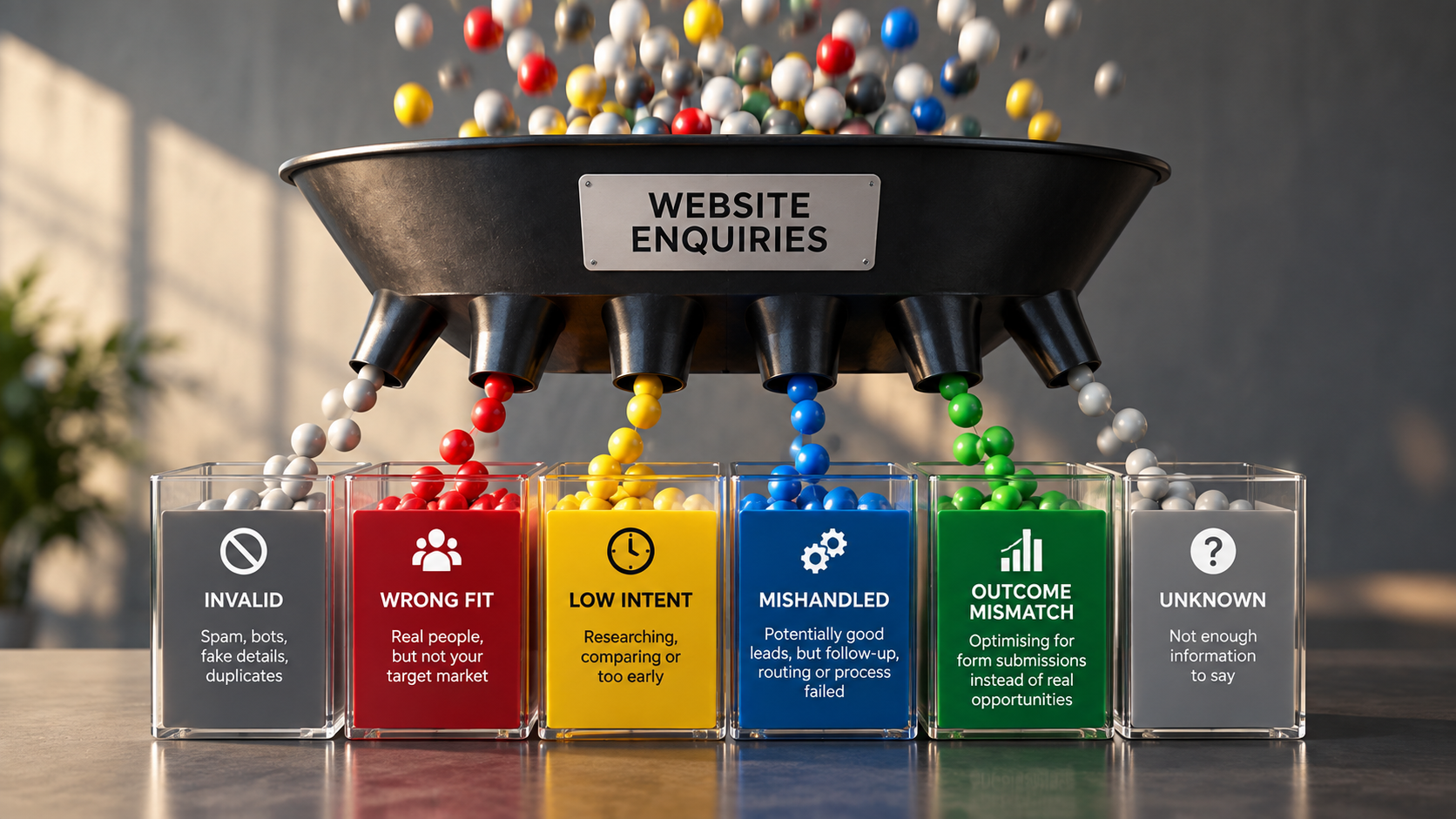 Website enquiries being sorted into lead-quality categories including invalid, wrong fit, low intent, mishandled, outcome mismatch and unknown.
