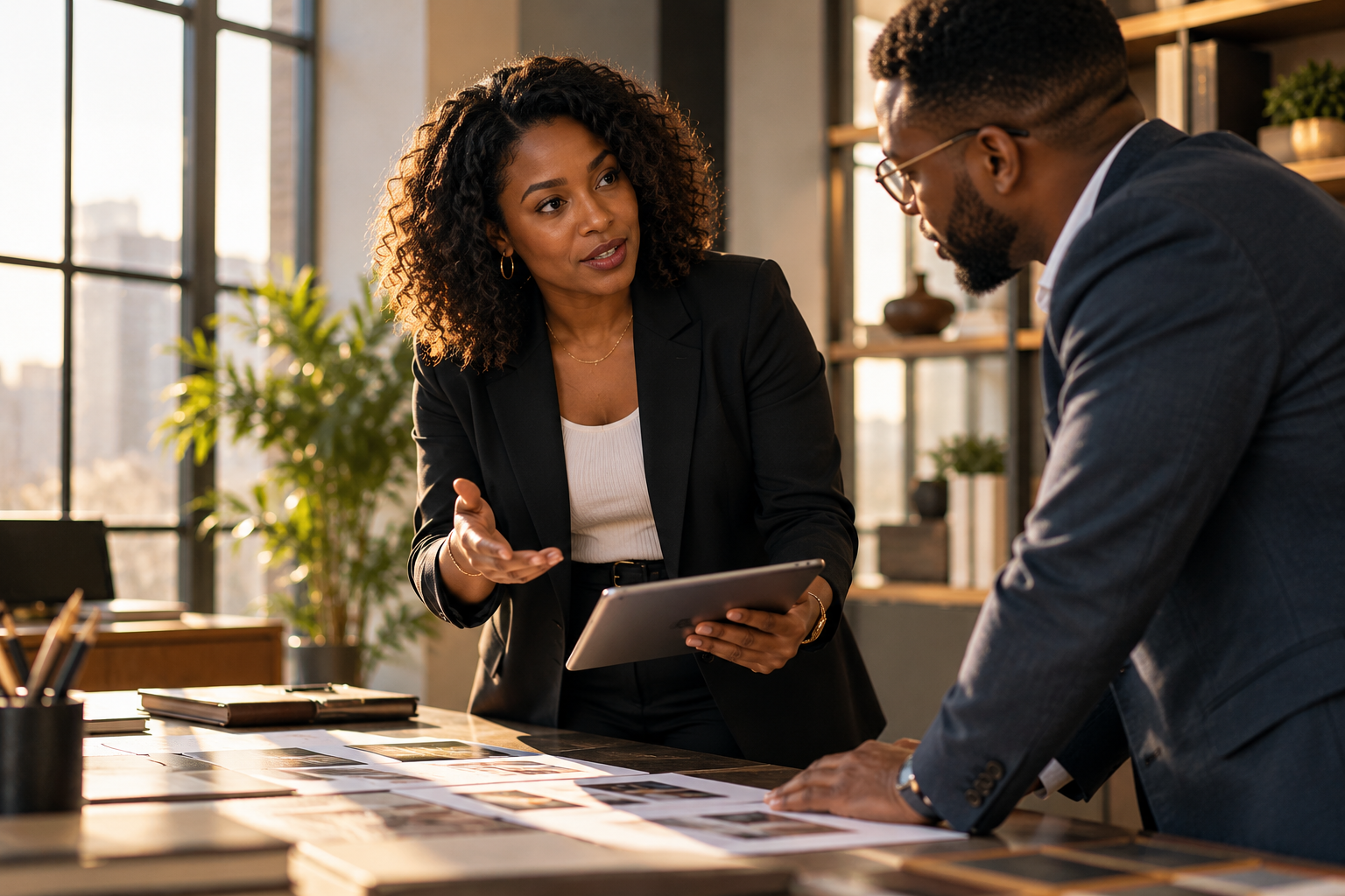 Two business professionals reviewing marketing strategy in an office.