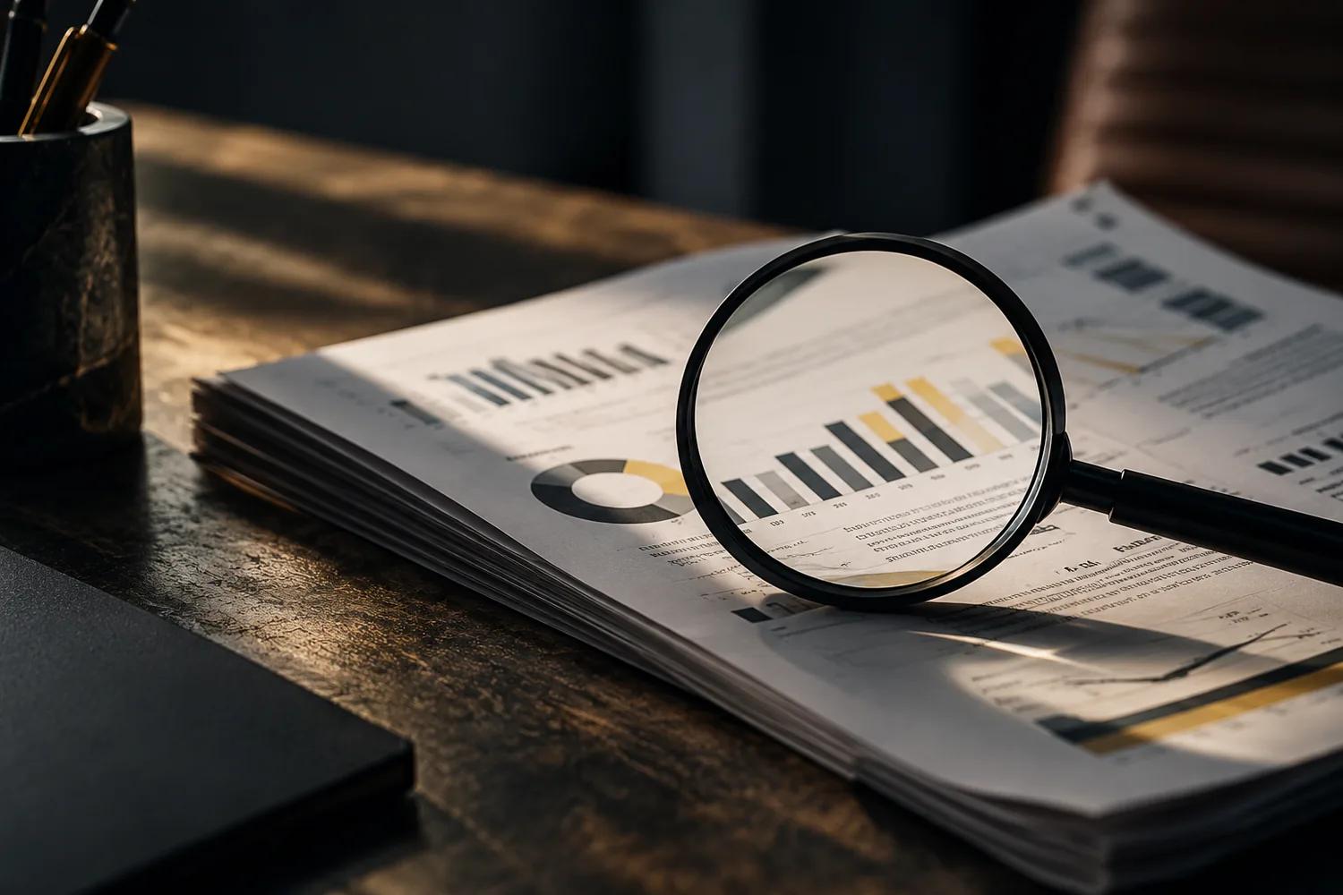 Magnifying glass resting on a printed marketing report with charts on a dark wooden desk