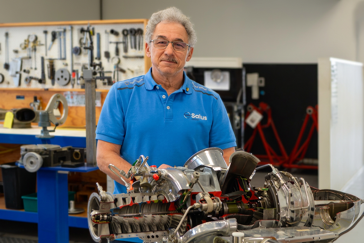 Yuri Vorontsov behind his engine cutaway