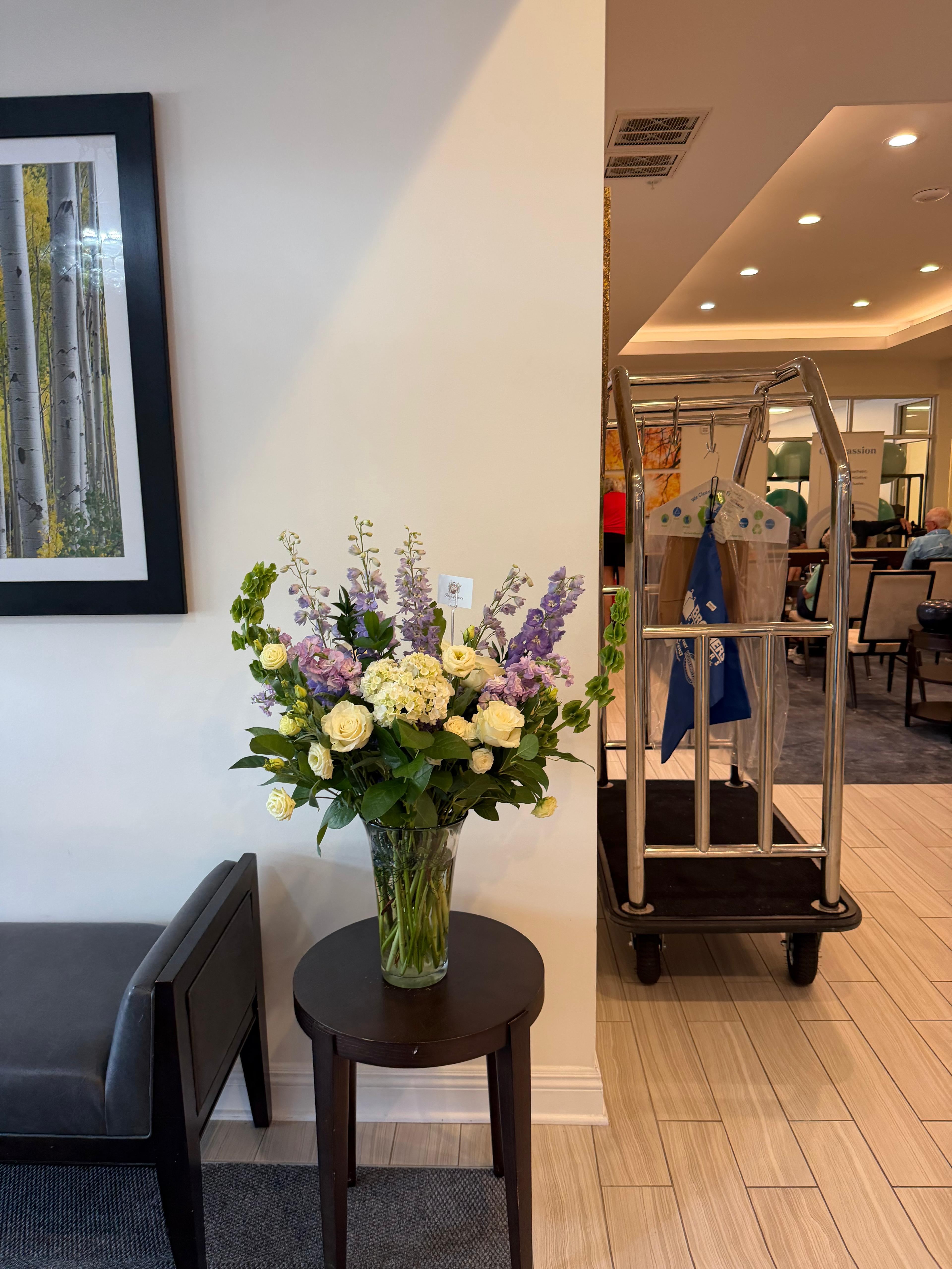White and lavender main lobby arrangement