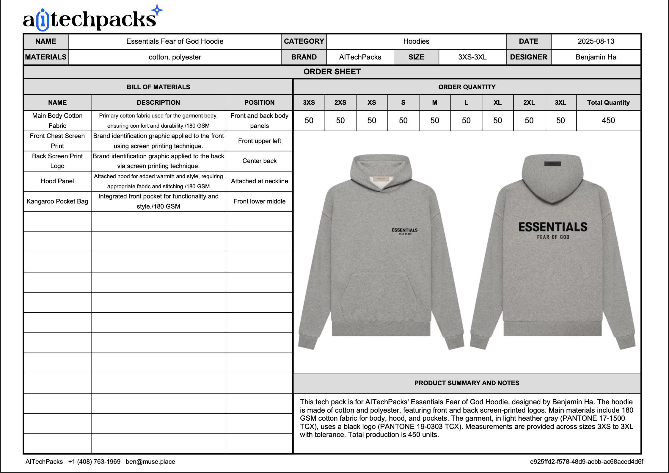Front and back views of a production hoodie with bill of materials—illustrates how factories account for US sizing vs Asian sizing in tech packs and size grading.