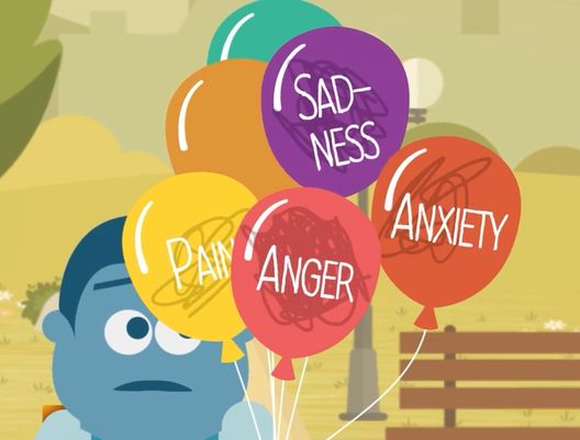 A cartoon of a person holding colorful balloons with the words pain, anger, sadness, and anxiety on them