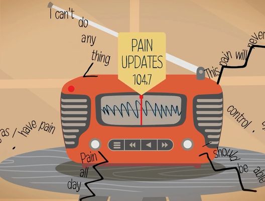 A cartoon of a radio showing it's tuned to Pain Updates 104.7 with the words "I can't do anything," "Pain all day," "This pain will never go away" coming out of the radio