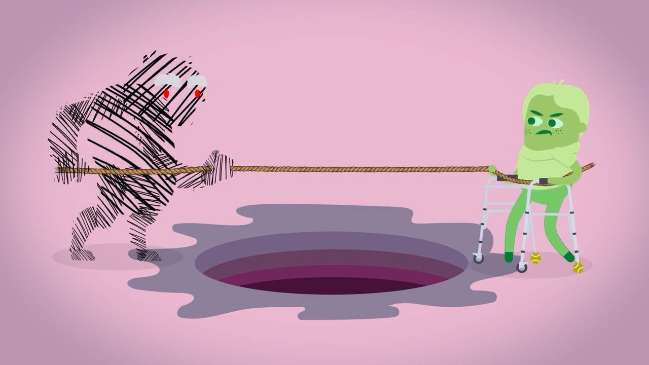 A cartoon of a person using a walker in a tug of war with their pain over a hole