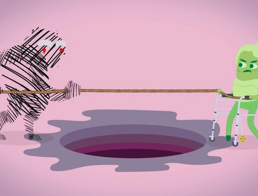 A cartoon of a person using a walker in a tug of war with their pain over a hole