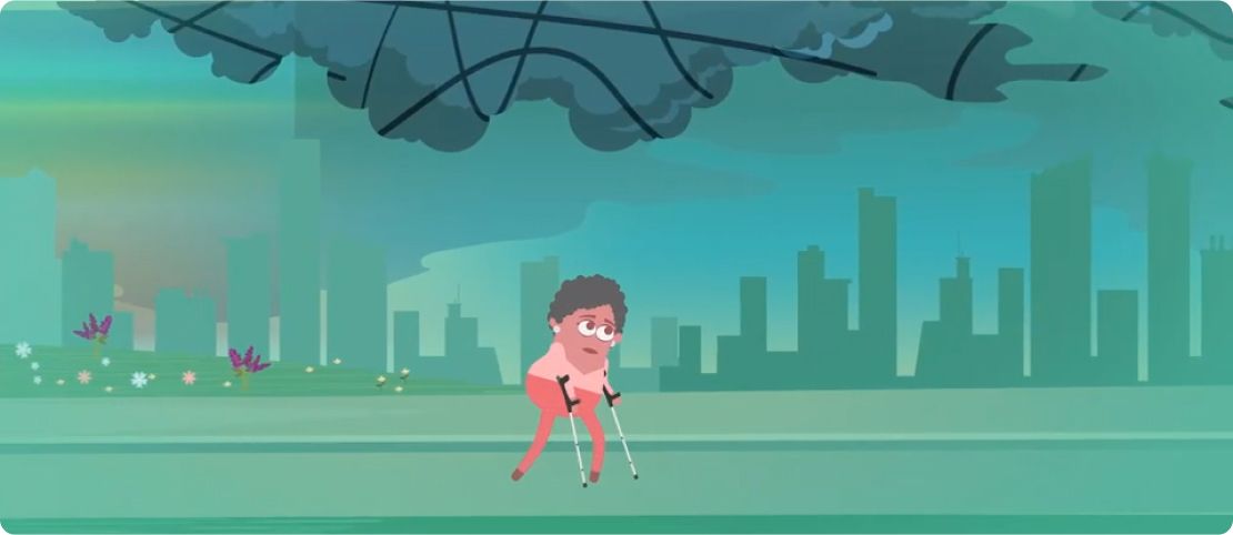 An illustration of a person walking with forearm crutches through a cityscape