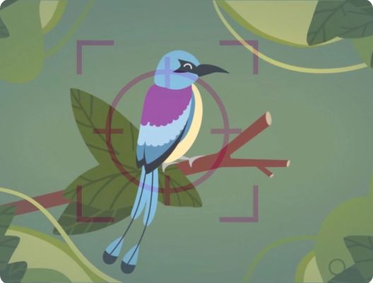 A cartoon of a bird in a tree as seen through a camera's viewfinder