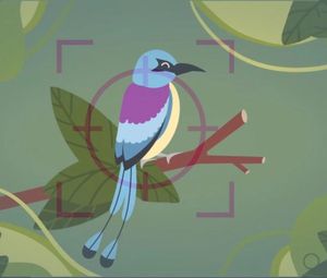 A cartoon of a bird in a tree as seen through a camera's viewfinder